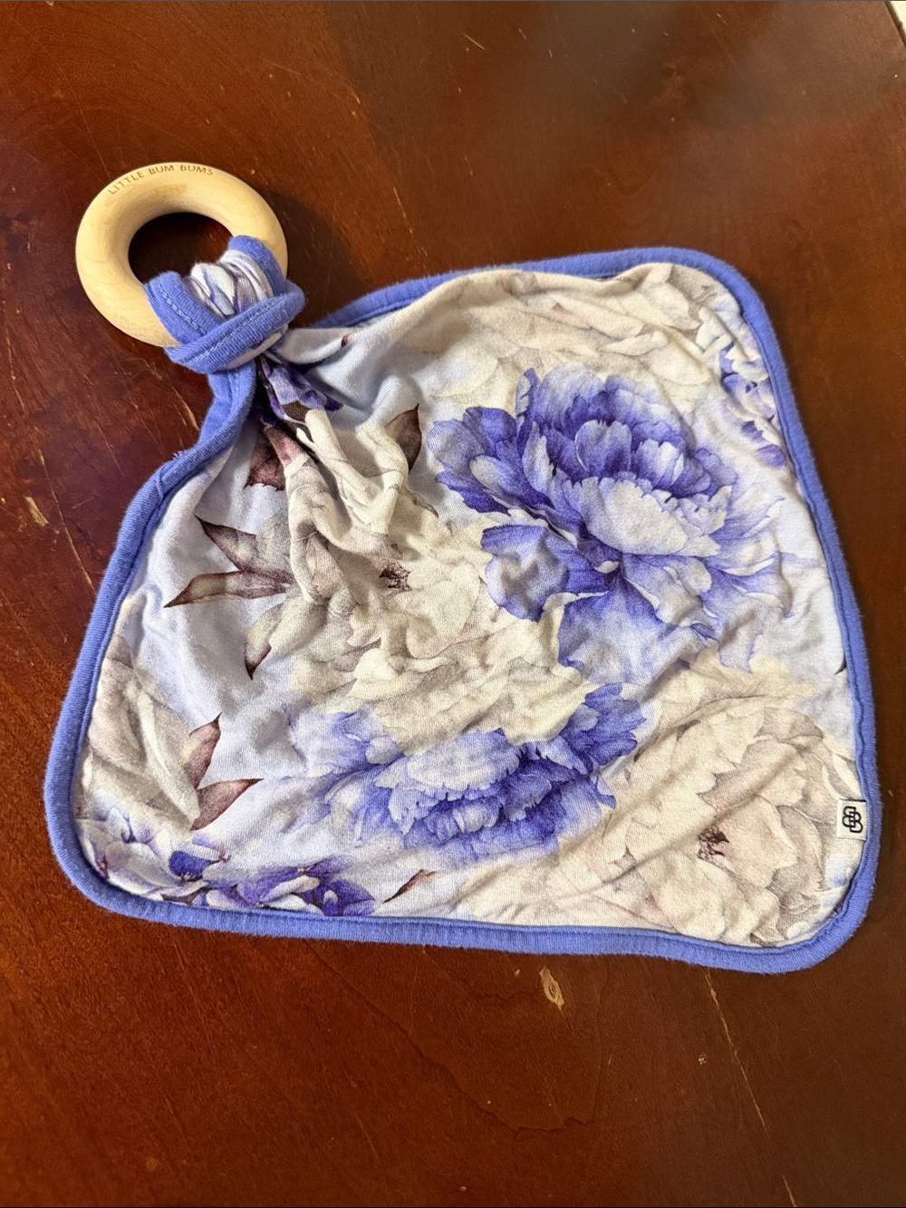 Little Bum Bum Security Blue Floral Teething Lovey Blanket Wooden Ring